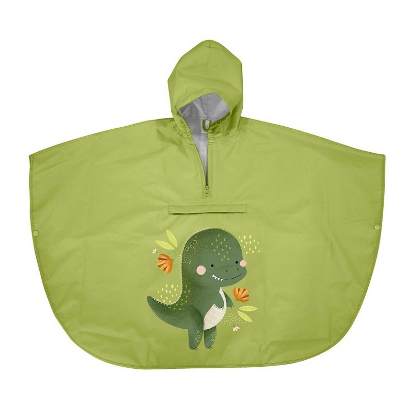 Poncho impermeabile verde decorato con dinosauro per bambini, facile da richiudere e da pulire